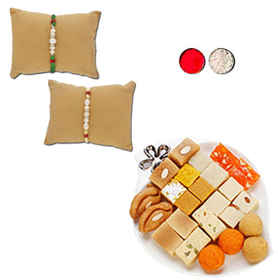 "Infinite Pearl Rakhi Combo - JPRAK-23-02 (2 Rakhis), 500gms of Assorted Sweets - Click here to View more details about this Product